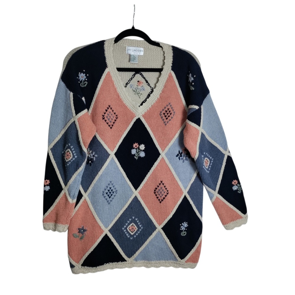 Jay Jacobs Vintage Argyle Floral Embroidered Knit Sweater Blue Peach Small